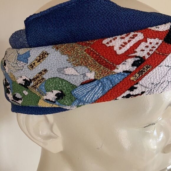 Vintage stretchy silk sumo wrestler stretch scarf kerchief large blue red cream - Picture 1 of 12